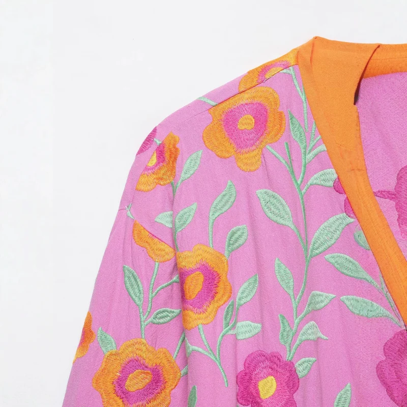 Damen Besticktes Kimono-Blouson mit Taillengürtel und floraler Stickerei Drune