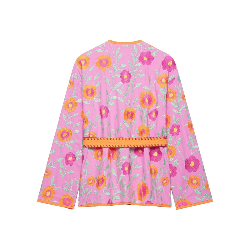 Damen Besticktes Kimono-Blouson mit Taillengürtel und floraler Stickerei Drune