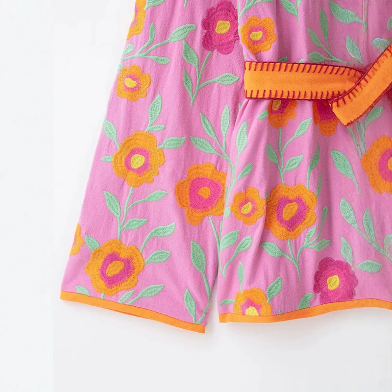 Damen Bestickter Kurzkimono aus Baumwollmischung mit Bindegürtel und V-Ausschnitt Drune