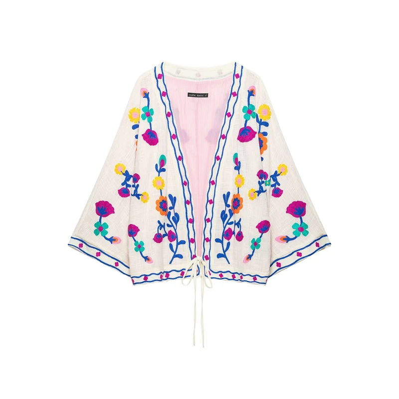 Damen Bestickter Kurz-Kimono mit floralem Stick und Bindegürtel Drune