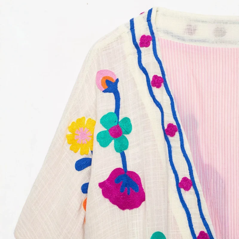 Damen Bestickter Kurz-Kimono mit floralem Stick und Bindegürtel Drune