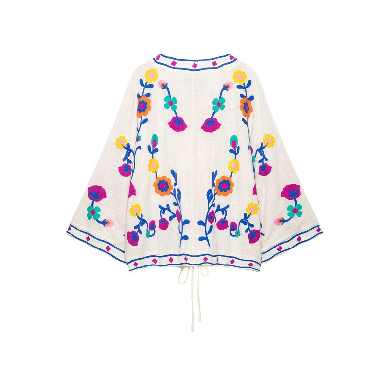Damen Bestickter Kurz-Kimono mit floralem Stick und Bindegürtel Drune