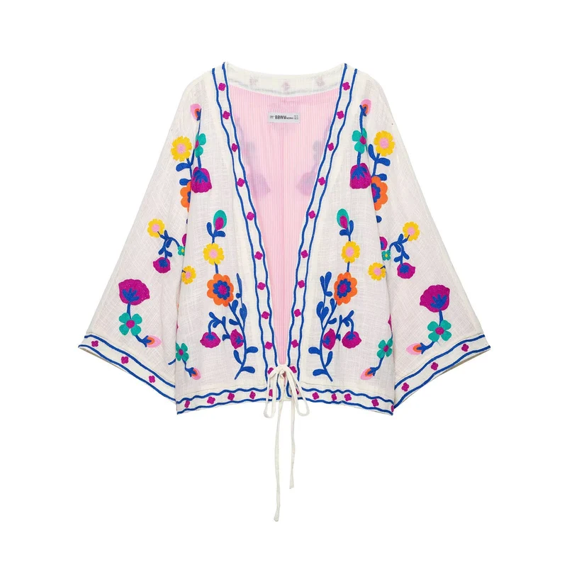 Damen Bestickter Kimono-Blouson mit Tunnelzug und floraler Stickerei Drune