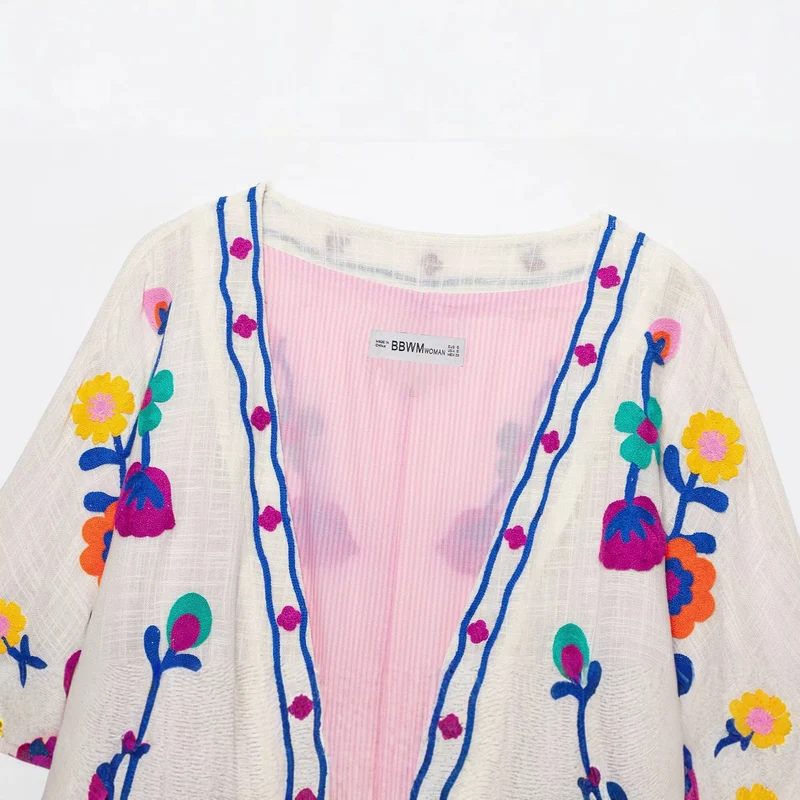 Damen Bestickter Kimono-Blouson mit Tunnelzug und floraler Stickerei Drune