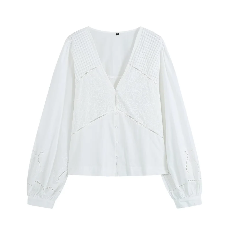 Damen Bestickte V‑Ausschnitt Bluse mit Kellerfaltenpasse und Ballonärmeln Drune