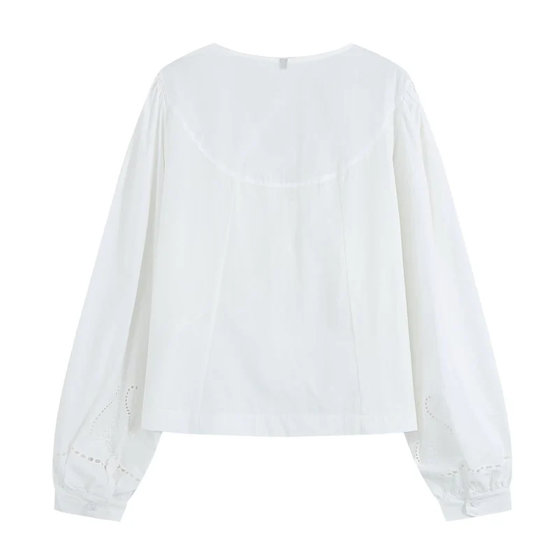 Damen Bestickte V‑Ausschnitt Bluse mit Kellerfaltenpasse und Ballonärmeln Drune