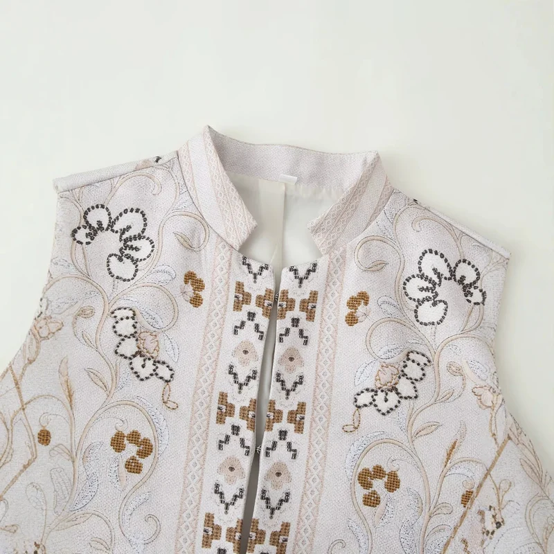 Damen bestickte Kurzjacke mit Mandarinkragen und floraler Ornamentstickerei Drune
