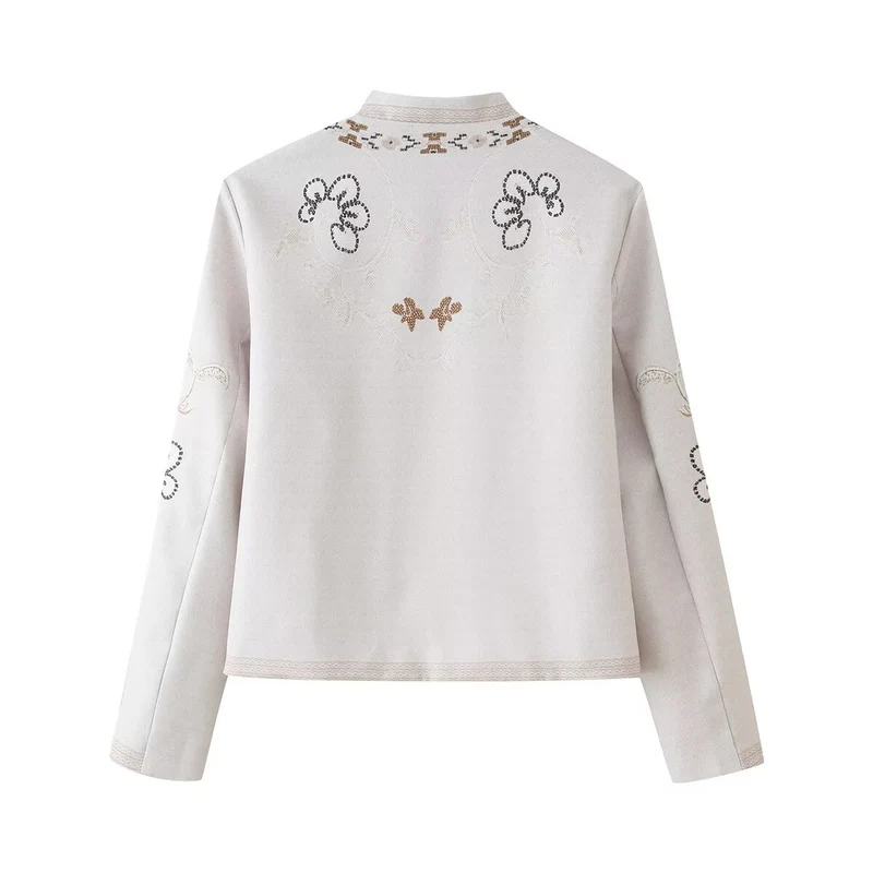 Damen bestickte Kurzjacke mit Mandarinkragen und floraler Ornamentstickerei Drune
