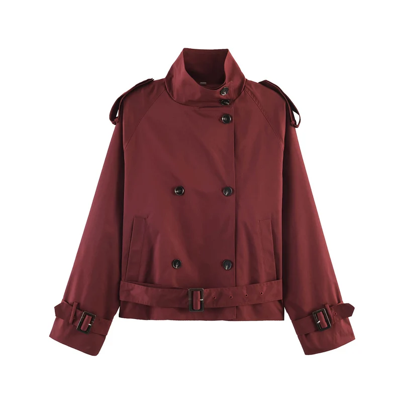 Damen 20+ kurzer Doppelreiher Trenchblouson im Boxy‑Cut mit Stehkragen Schulterklappen und verstellbarem Taillengürtel Drune
