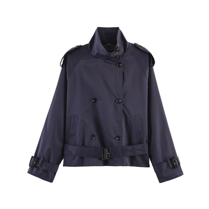 Damen 20+ kurzer Doppelreiher Trenchblouson im Boxy‑Cut mit Stehkragen Schulterklappen und verstellbarem Taillengürtel Drune