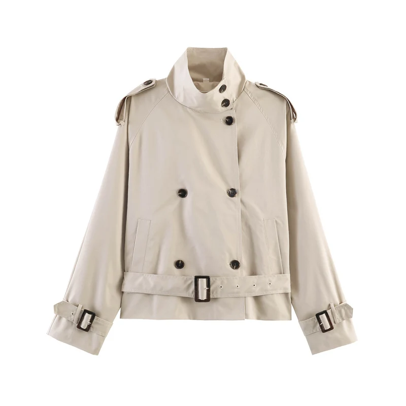 Damen 20+ kurzer Doppelreiher Trenchblouson im Boxy‑Cut mit Stehkragen Schulterklappen und verstellbarem Taillengürtel Drune