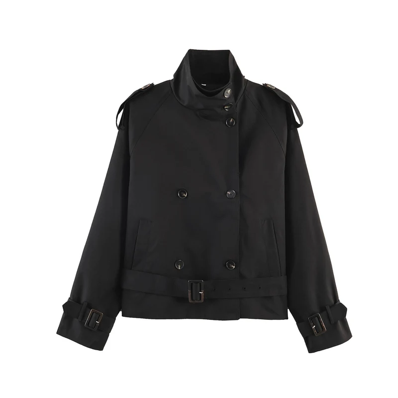 Damen 20+ kurzer Doppelreiher Trenchblouson im Boxy‑Cut mit Stehkragen Schulterklappen und verstellbarem Taillengürtel Drune