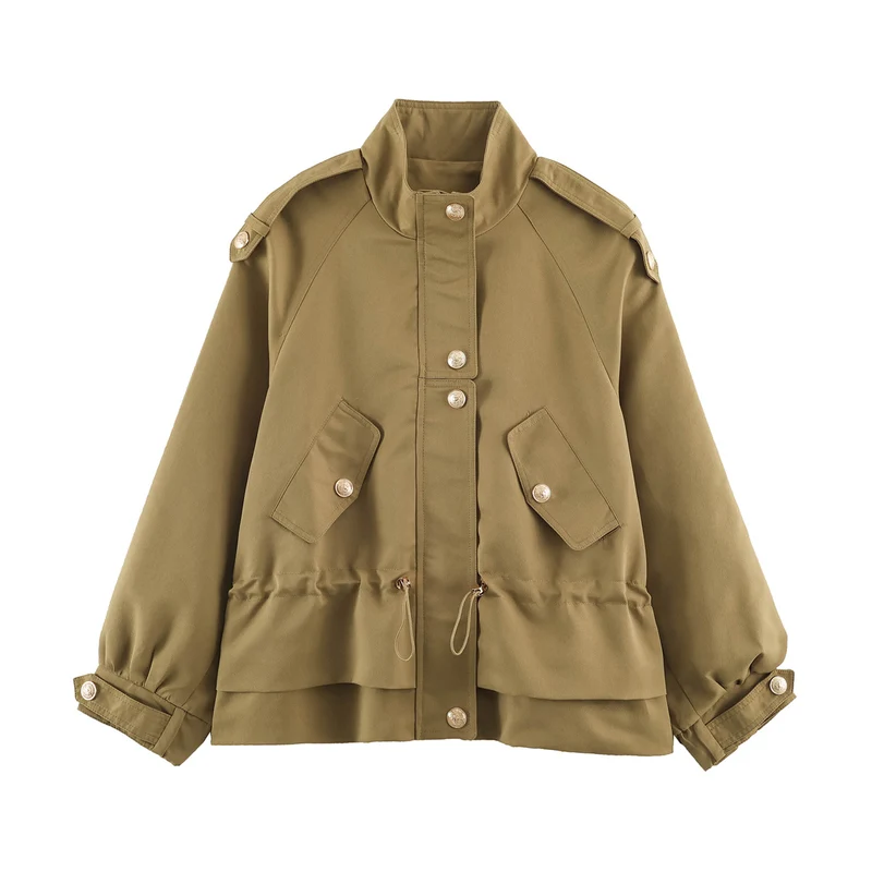 Damen 10+ kurze Utility-Jacke mit Taillenraffung, Stehkragen und Schulterklappen Drune