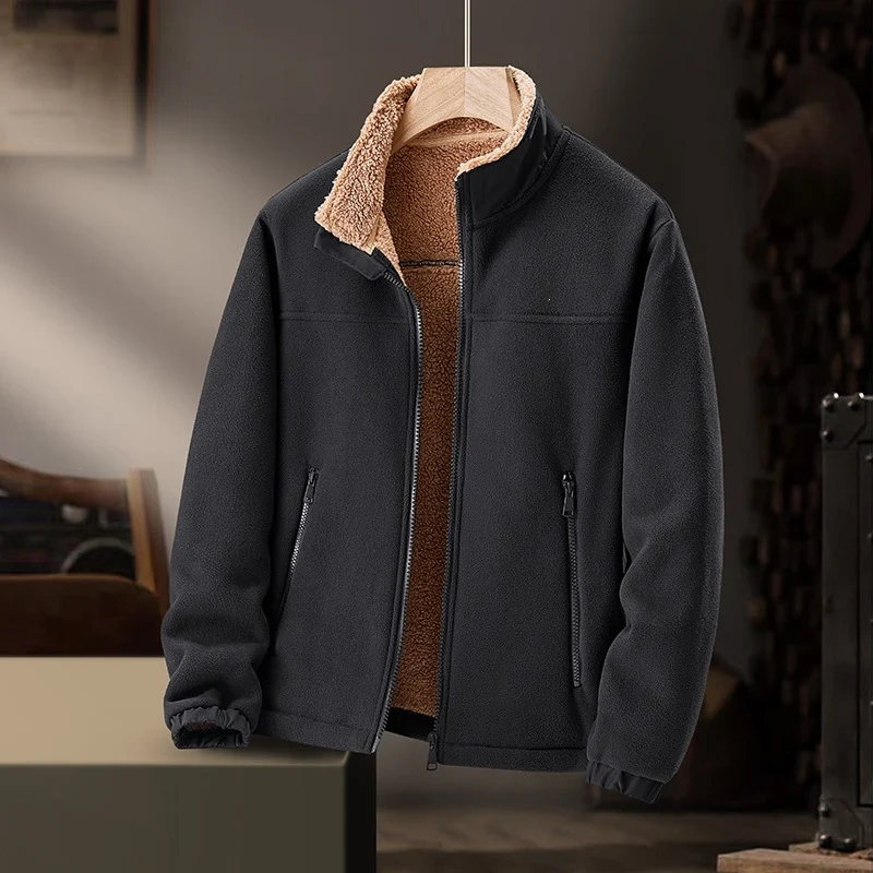 Herren Fleece-Outdoorjacke mit Teddyfell-Innenfutter, Stehkragen & windabweisender Oberfläche Drune