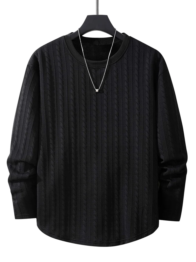 Herren Feinstrick-Rundhals-Pullover mit Zopfmuster, geradem Saum & entspannter Passform Drune
