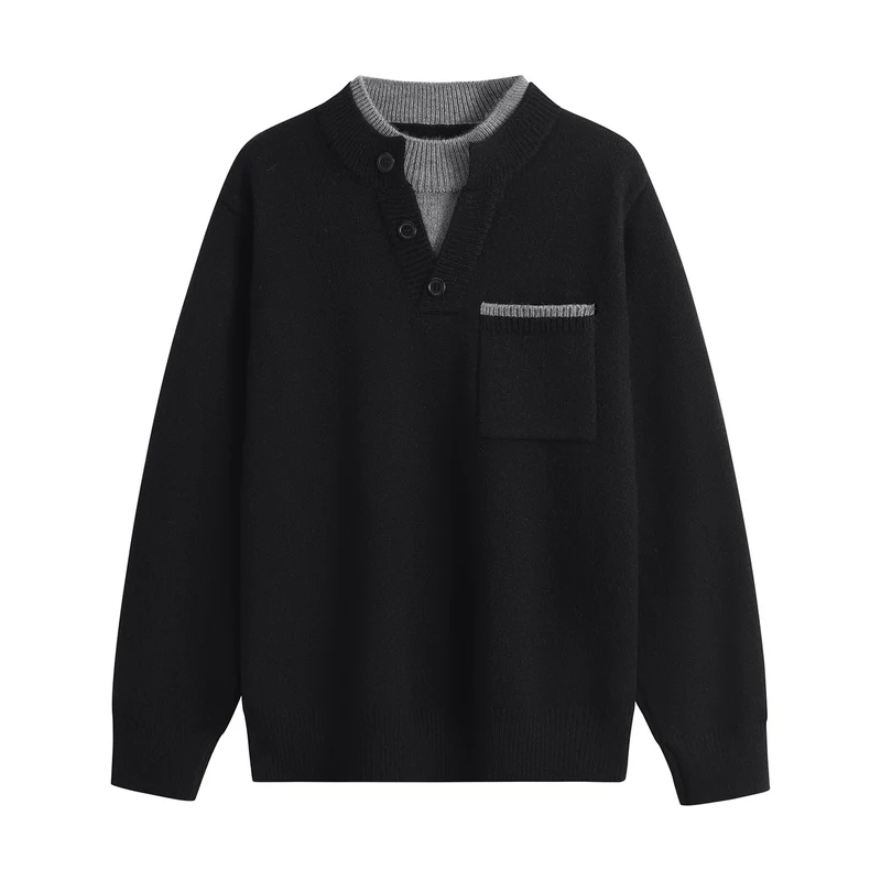 Herren Feinstrick-Henley-Pullover mit Knopfleiste, Brusttasche & Kontrastkragen Drune