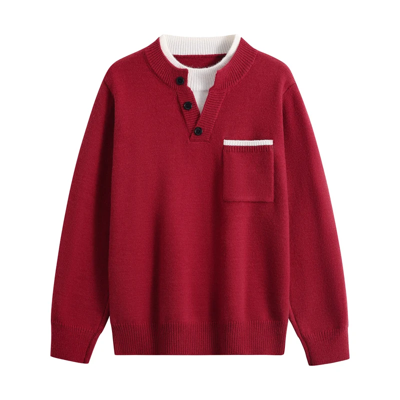 Herren Feinstrick-Henley-Pullover mit Knopfleiste, Brusttasche & Kontrastkragen Drune