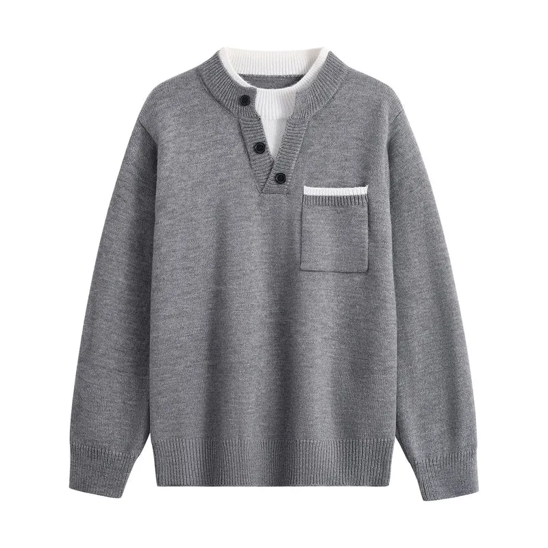 Herren Feinstrick-Henley-Pullover mit Knopfleiste, Brusttasche & Kontrastkragen Drune