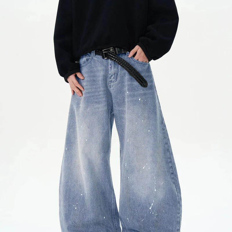 Herren Extraweite Paint‑Effekt Baggy‑Jeans mit tiefem Schritt und Used‑Wash Drune