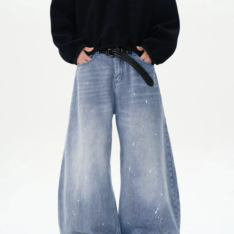 Herren Extraweite Paint‑Effekt Baggy‑Jeans mit tiefem Schritt und Used‑Wash Drune