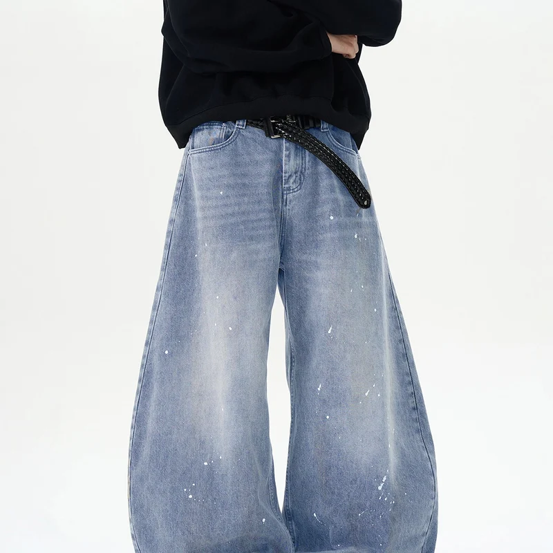 Herren Extraweite Paint‑Effekt Baggy‑Jeans mit tiefem Schritt und Used‑Wash Drune