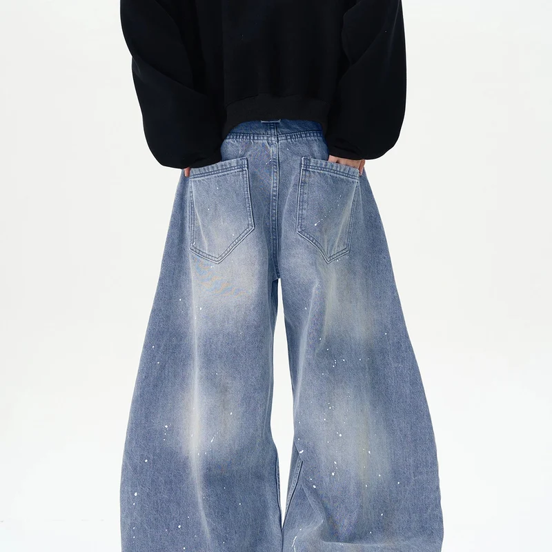Herren Extraweite Paint‑Effekt Baggy‑Jeans mit tiefem Schritt und Used‑Wash Drune
