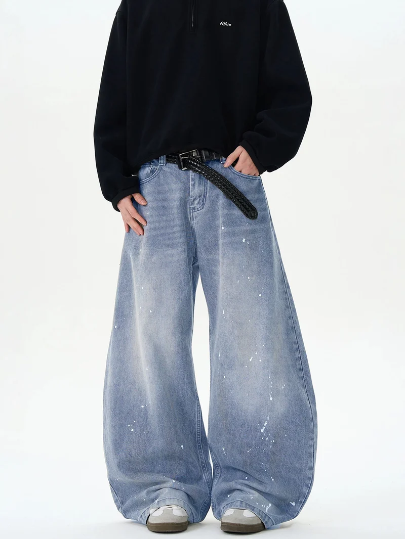 Herren Extraweite Paint‑Effekt Baggy‑Jeans mit tiefem Schritt und Used‑Wash Drune