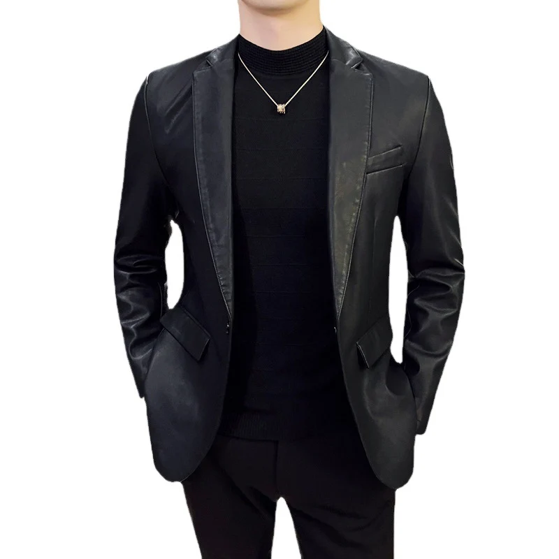 Herren eleganter Slim-Fit Lederimitat-Blazer mit Reverskragen und Pattentaschen Drune