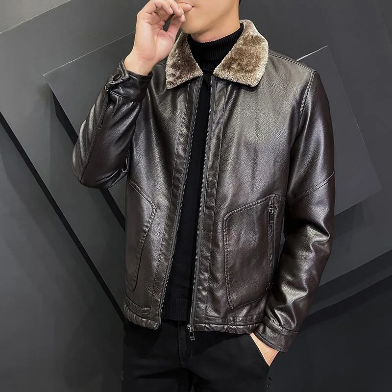 Herren Elegante Kunstleder‑Bomberjacke mit wärmendem Teddykragen & Zwei-Wege‑Reißverschluss Drune