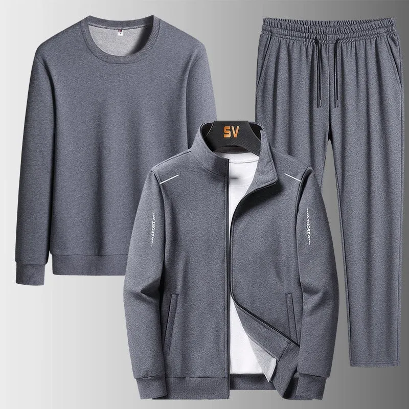 Herren Dreiteiliges Freizeit-Trainingsset aus French-Terry mit Kapuzenjacke, Rundhals-Sweat & tapered Jogginghose Drune