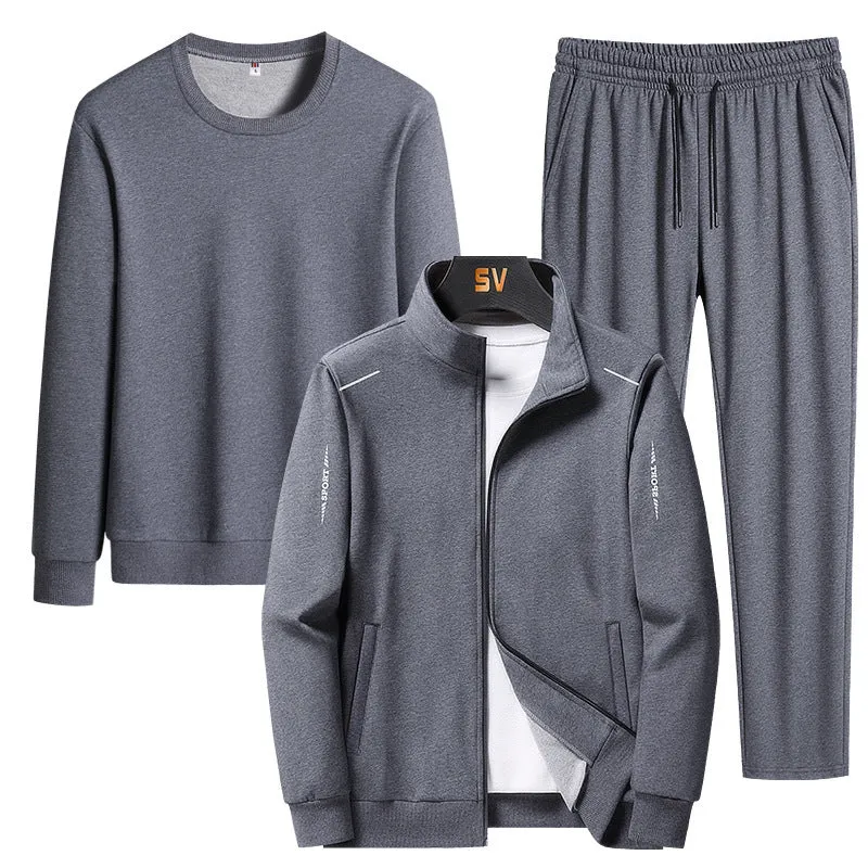 Herren Dreiteiliges Freizeit-Trainingsset aus French-Terry mit Kapuzenjacke, Rundhals-Sweat & tapered Jogginghose Drune