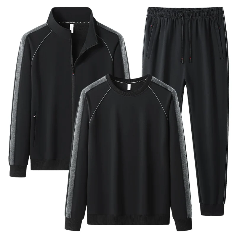 Herren Dreiteiliges Freizeit-Trainingsanzug-Set aus weichem French-Terry mit Reißverschlussjacke, Rundhals-Sweatshirt & Kordel-Jogginghose Drune