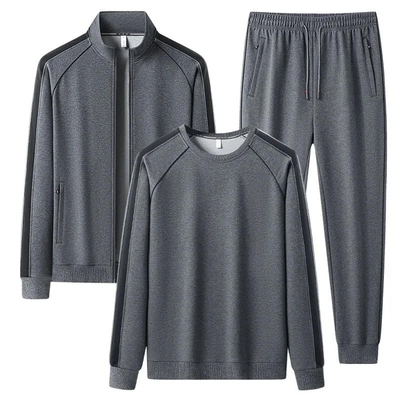 Herren Dreiteiliges Freizeit-Trainingsanzug-Set aus weichem French-Terry mit Reißverschlussjacke, Rundhals-Sweatshirt & Kordel-Jogginghose Drune