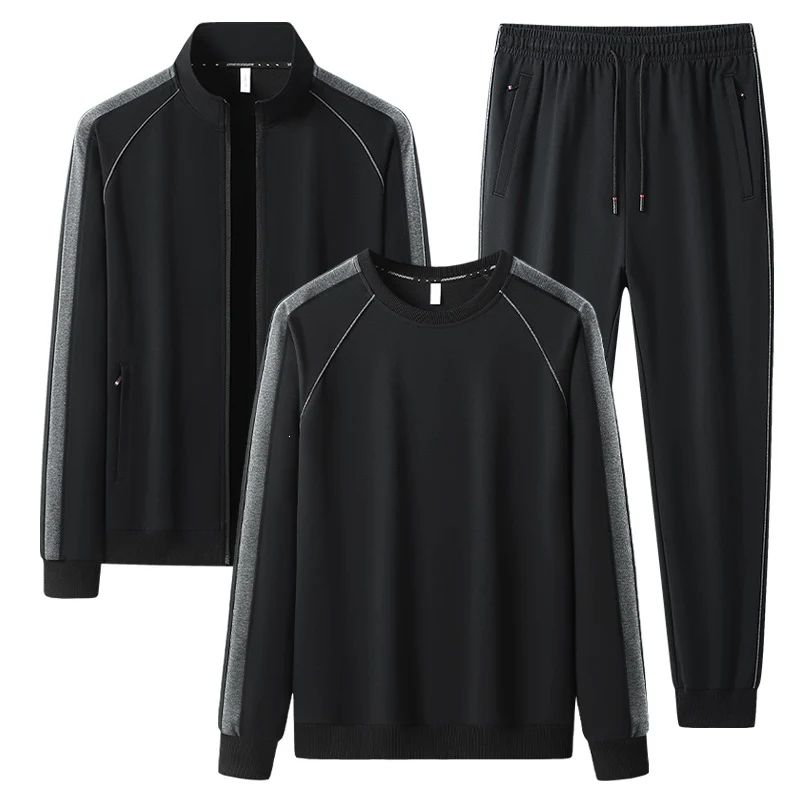 Herren Dreiteiliges Freizeit-Trainingsanzug-Set aus weichem French-Terry mit Reißverschlussjacke, Rundhals-Sweatshirt & Kordel-Jogginghose Drune