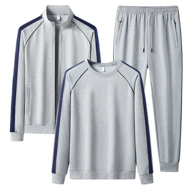 Herren Dreiteiliges Freizeit-Trainingsanzug-Set aus weichem French-Terry mit Reißverschlussjacke, Rundhals-Sweatshirt & Kordel-Jogginghose Drune