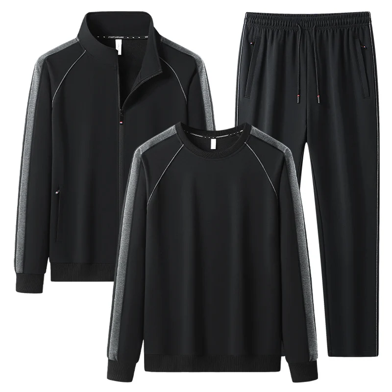 Herren Dreiteiliges Freizeit-Trainingsanzug-Set aus weichem French-Terry mit Reißverschlussjacke, Rundhals-Sweatshirt & Kordel-Jogginghose Drune