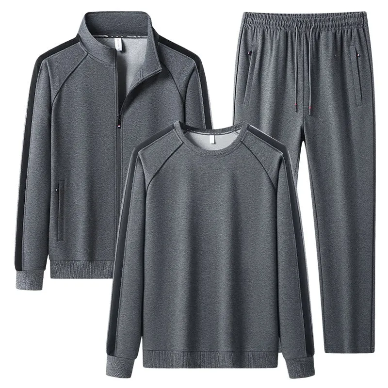 Herren Dreiteiliges Freizeit-Trainingsanzug-Set aus weichem French-Terry mit Reißverschlussjacke, Rundhals-Sweatshirt & Kordel-Jogginghose Drune
