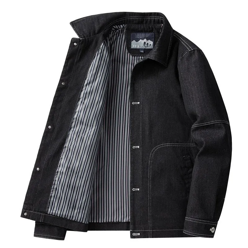 Herren Denim-Workerjacke mit geradem Schnitt, Kontrastnähten & gestreiftem Innenfutter Drune