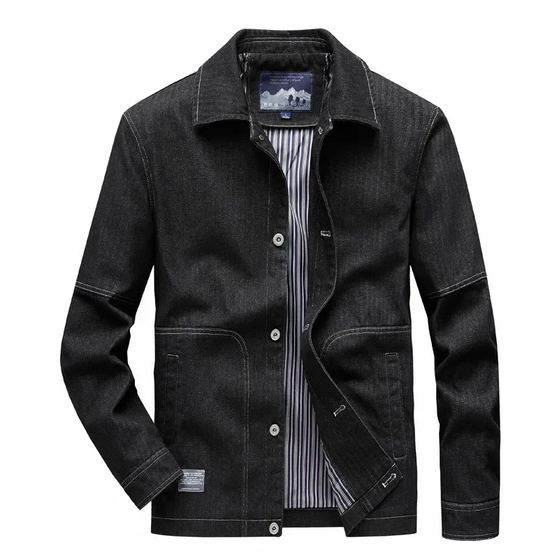 Herren Denim-Workerjacke mit geradem Schnitt, Kontrastnähten & gestreiftem Innenfutter Drune