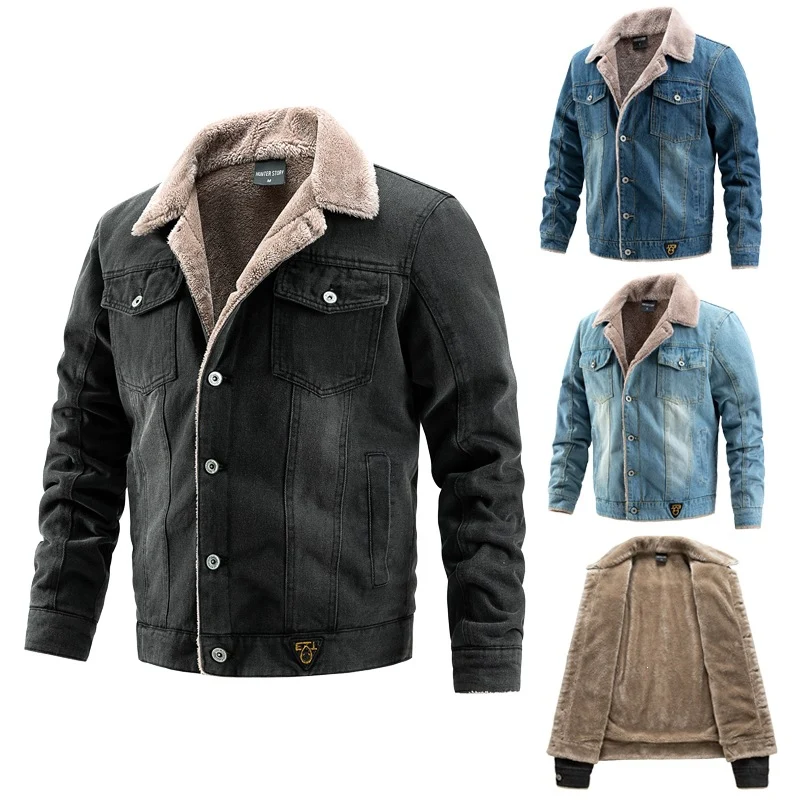 Herren Denim-Sherpa-Workerjacke mit Teddyfutter, Knopfleiste & aufgesetzten Brusttaschen Drune