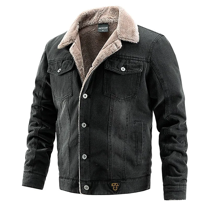 Herren Denim-Sherpa-Workerjacke mit Teddyfutter, Knopfleiste & aufgesetzten Brusttaschen Drune