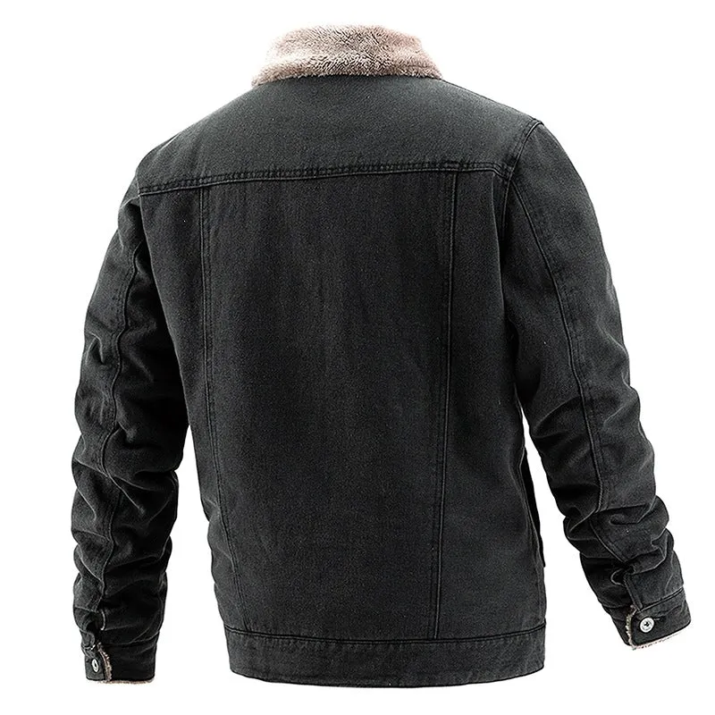 Herren Denim-Sherpa-Workerjacke mit Teddyfutter, Knopfleiste & aufgesetzten Brusttaschen Drune