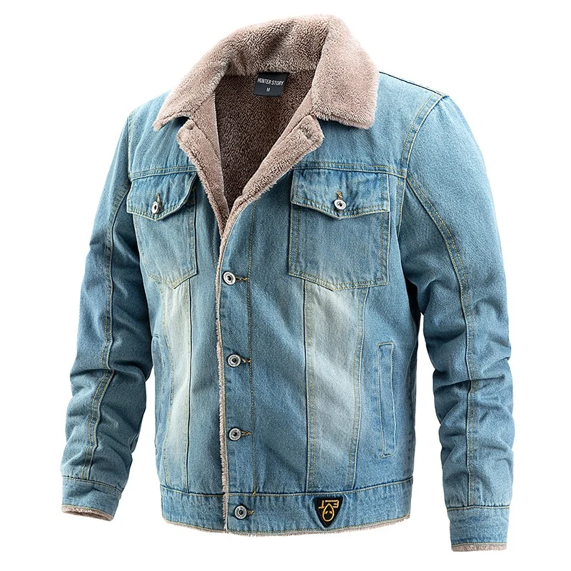 Herren Denim-Sherpa-Workerjacke mit Teddyfutter, Knopfleiste & aufgesetzten Brusttaschen Drune