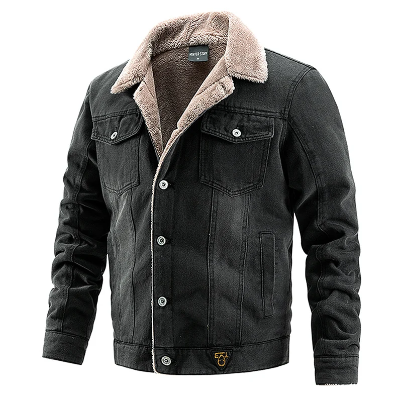Herren Denim-Sherpa-Workerjacke mit Teddyfutter, Knopfleiste & aufgesetzten Brusttaschen Drune