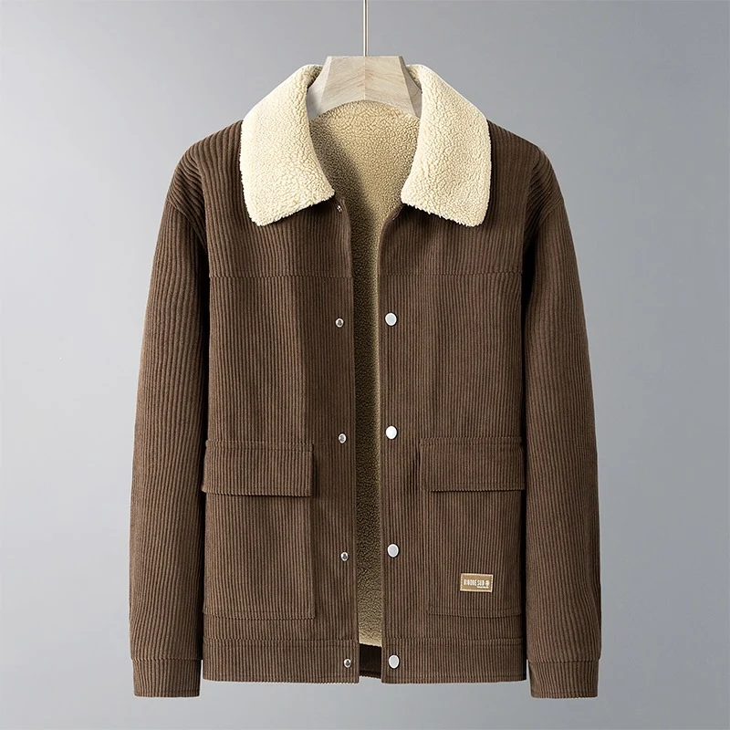 Herren Cordjacke mit Teddyfutter, Hemdkragen & Druckknopffront Drune