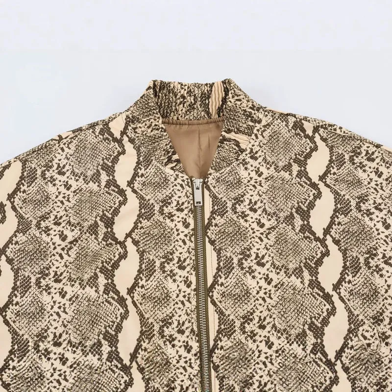 Damen Leichte Schlangenprint-Bomberjacke mit Stehkragen, Reißverschluss und gerafften Bündchen Drune