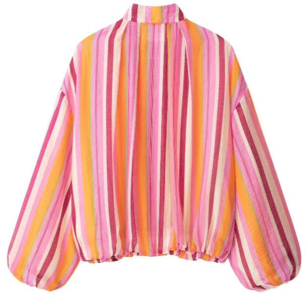 Damen Leichte gestreifte Cropped Blousonjacke im Bomberstil mit Stehkragen, Reißverschluss und Ballonärmeln Drune