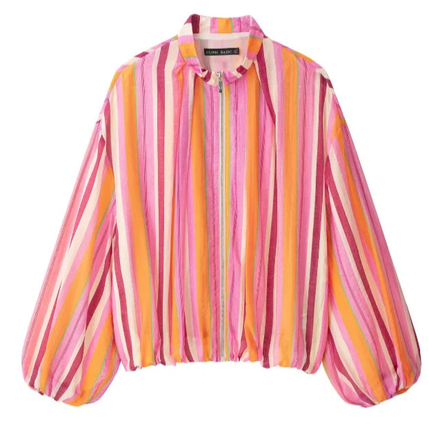Damen Leichte gestreifte Cropped Blousonjacke im Bomberstil mit Stehkragen, Reißverschluss und Ballonärmeln Drune