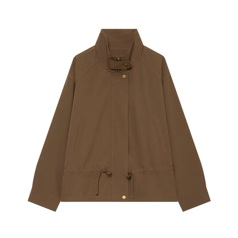 Damen Leichte Fieldjacke mit Stehkragen, Tunnelzugtaillierung und verdeckter Druckknopfleiste Drune