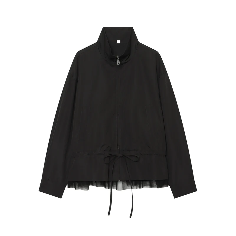 Damen Leichte Cropped Übergangsjacke mit Stehkragen, Tunnelzugtaillierung und Tüllbesatz Drune